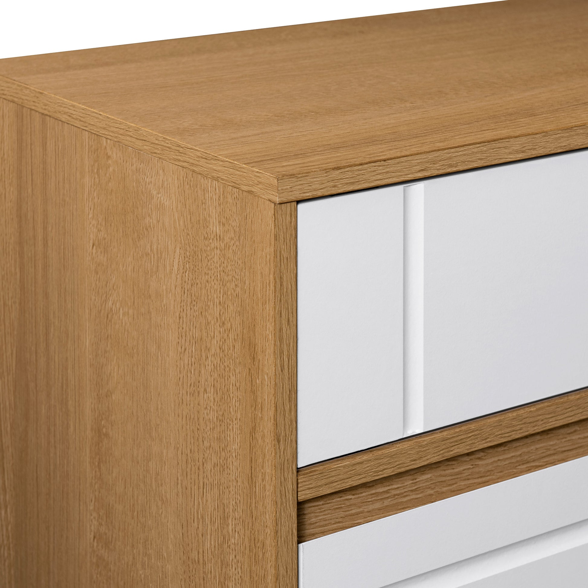 Contemporary Detailed-Door Sideboard with Open Storage – Coastal Oak / Solid White