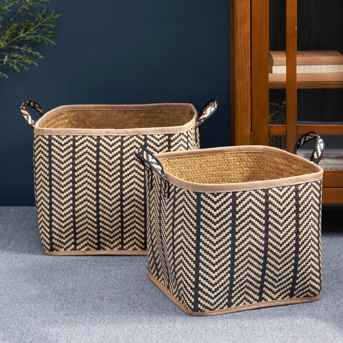 Square Palm Leaf Woven Wicker Storage Basket with Handles Set of 2 - 14" x 14" x 15" and 16" x 16" x 17" - Black and Brown - For Clothes, Books Storage, Picnic and Home Decoration