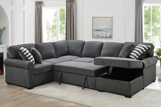 117" Oversized Sectional Sofa with Storage Chaise, Rolled Arms U Shaped Sectional Couch ,Removable Soft Backrest Cushions, with 4 Throw Pillows for Large Space Dorm Apartment,Dark Gray