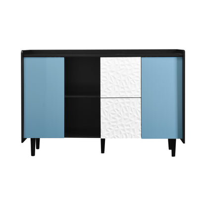 Sideboard Buffet Cabinet, Black Storage Cabinet with Blue Doors , 2 Drawers with unique panel styling and 2 Open Storage Compartment, Modern Coffee Bar Cabinet Accent Cabinet for Kitchen, Dining Room,