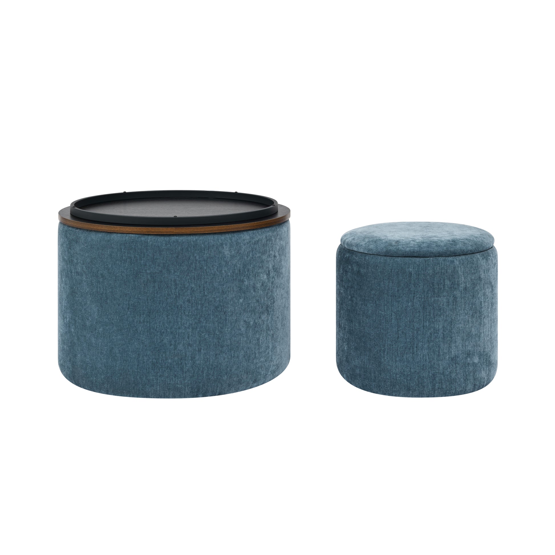 2-Piece Set Round Chenille Storage Ottoman, Equipped with a Drum Shaped Small Stool, Storage Space, and MDF Made Desktop Panel (Dark Blue23.62"x23.62"x16.53")