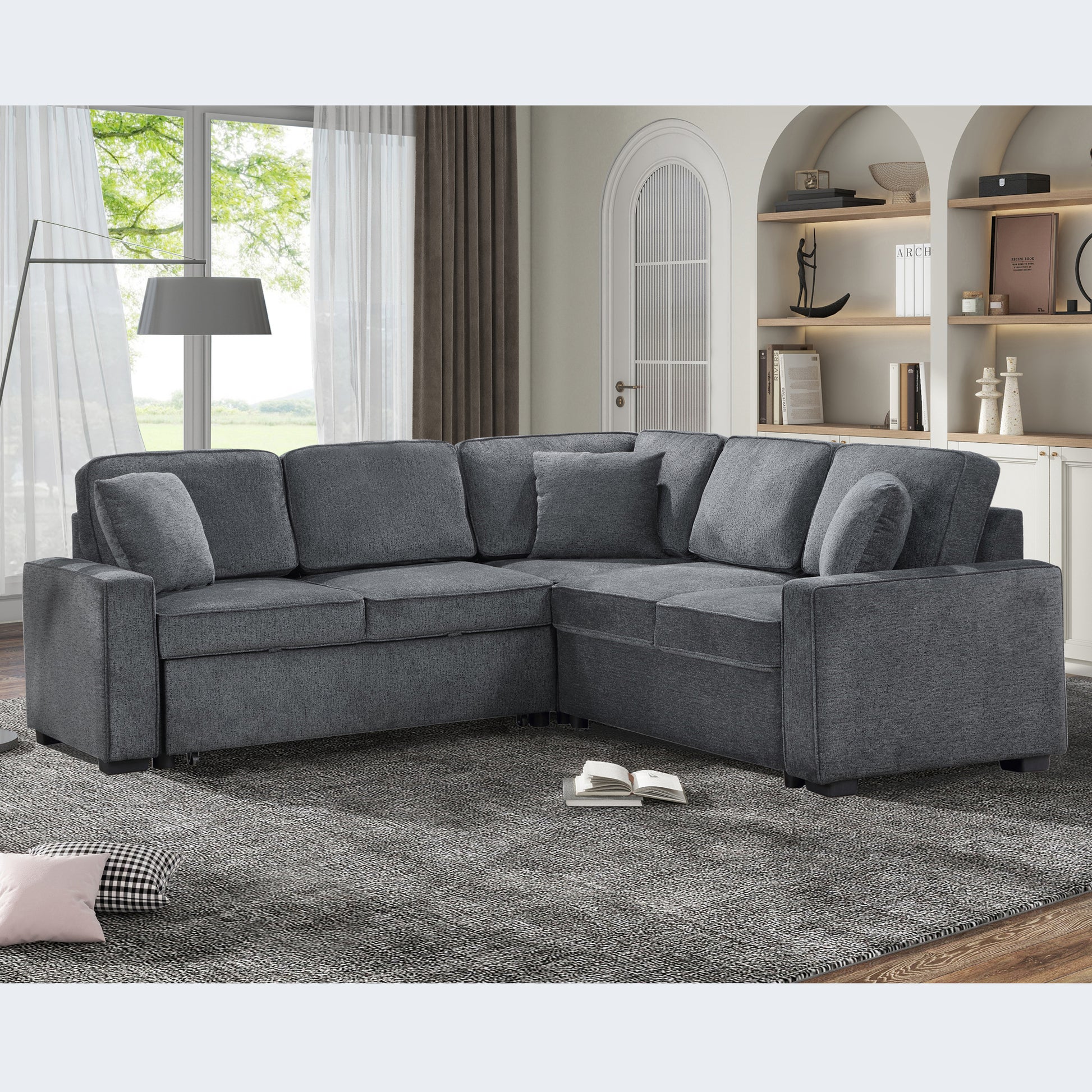 Modular Sofa, Sectional Couch L Shaped Sofa Couch with Pullout Sleeper, 5 Seat Chenille Corner Sofa for Living Room, 3 Pillows Included, Dark Gray