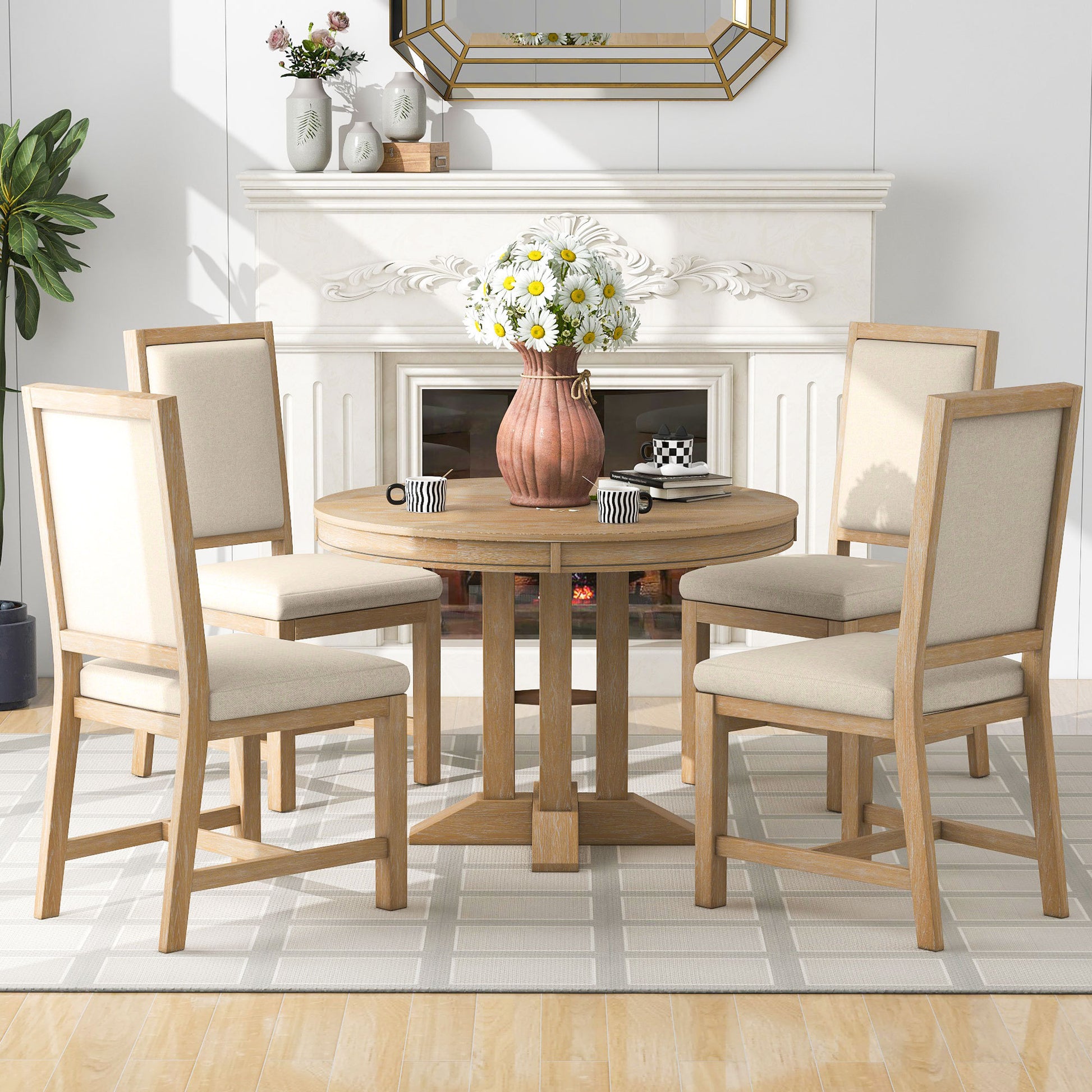 TREXM 5-Piece Dining Set Extendable Round Table and 4 Upholstered Chairs Farmhouse Dining Set for Kitchen, Dining Room(Natural Wood Wash)