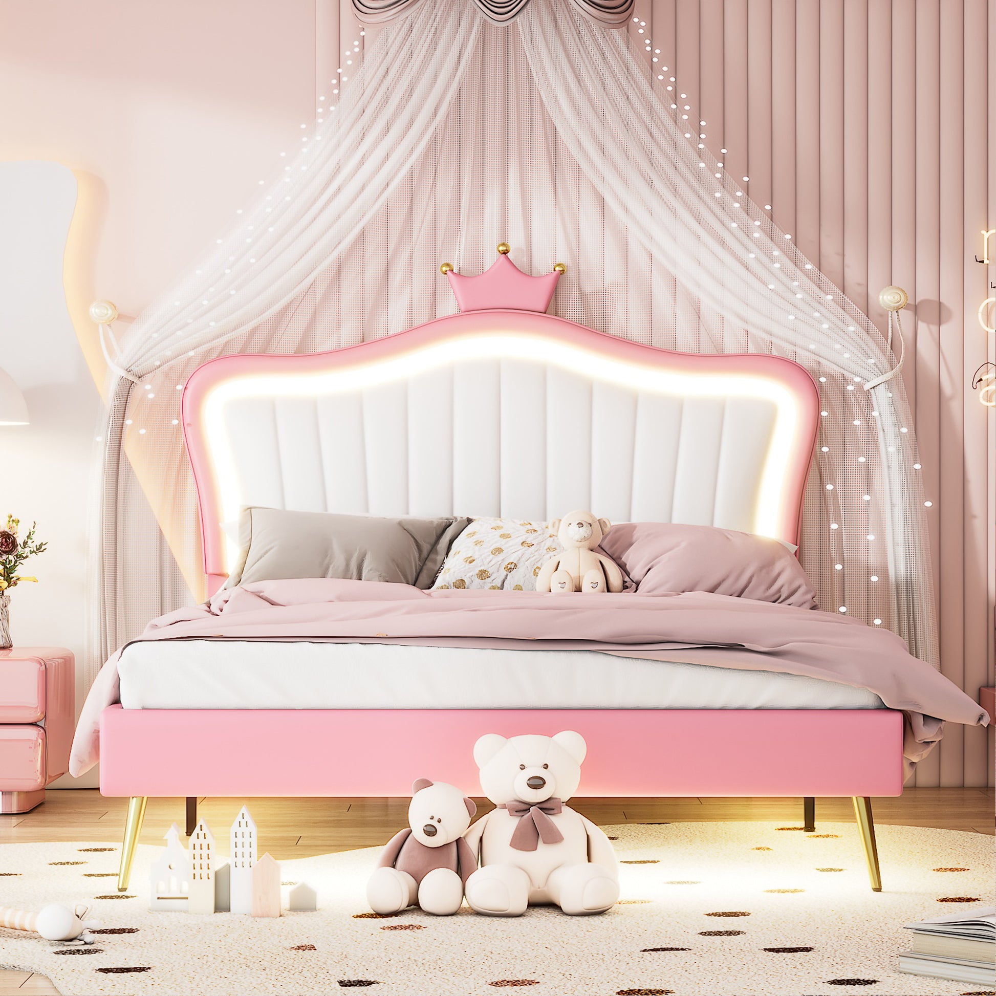 Queen Size Upholstered Bed Frame with LED Lights,Modern Upholstered Princess Bed With Crown Headboard,White+Pink