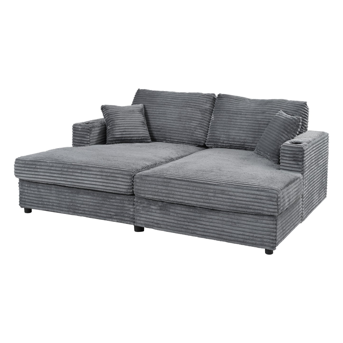 86.5" Oversized Loveseat Chaise Lounge Sectional Sofa Bed Corduroy Sleeper Sofa with Two USB Ports , Two Cup Holders and Two Throw Pillows for Living Room and Bedroom, Dark Gray