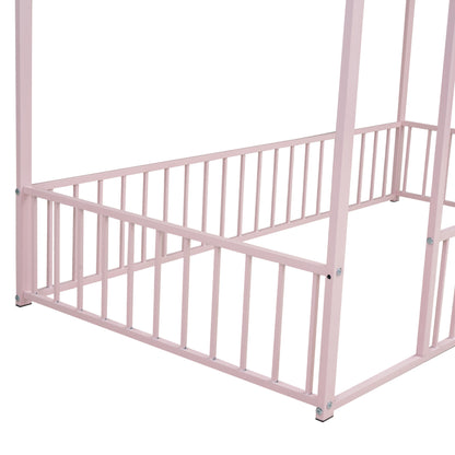 Twin Size Metal Bed House Bed Frame with Fence, for Kids, Teens, Girls, Boys, Pink