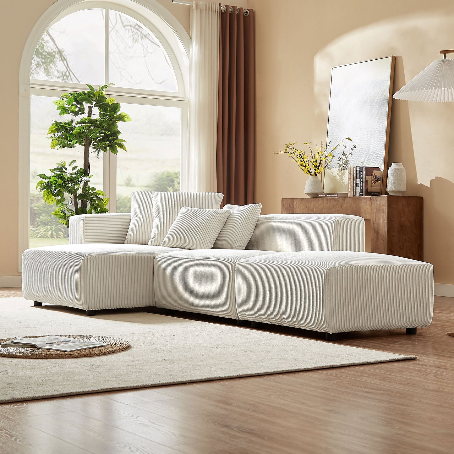 Soft Corduroy Sectional Modular Sofa Set, Small L-Shaped Chaise Couch for Living Room, Apartment, Office, Beige