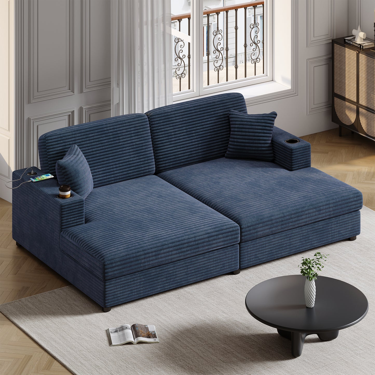 86.5" Oversized Loveseat Chaise Lounge Sectional Sofa Bed Corduroy Sleeper Sofa with Two USB Ports , Two Cup Holders and Two Throw Pillows for Living Room and Bedroom, Blue