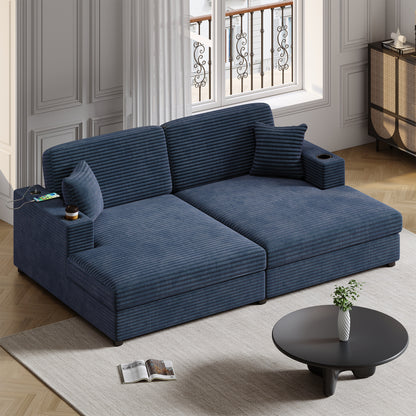 86.5" Oversized Loveseat Chaise Lounge Sectional Sofa Bed Corduroy Sleeper Sofa with Two USB Ports , Two Cup Holders and Two Throw Pillows for Living Room and Bedroom, Blue