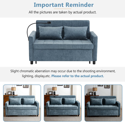 56.9" Loveseat Sofa Pull-out Sofa Bed Sleeper Sofa with a Reversible Backrest Cushion, Side Pockets, Two USB Ports and a Phone Holder for Living Room, Blue