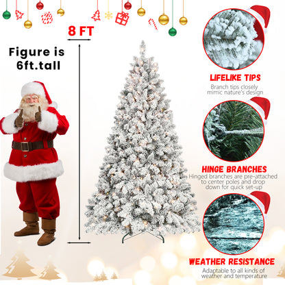 9FT Snow-Flocked Artificial Christmas Tree with Pine Cones, Prelit Xmas Trees, Hinged Easy Assembly & Reinforced Metal Base - Ideal for Indoor & Outdoor Festive Decorations