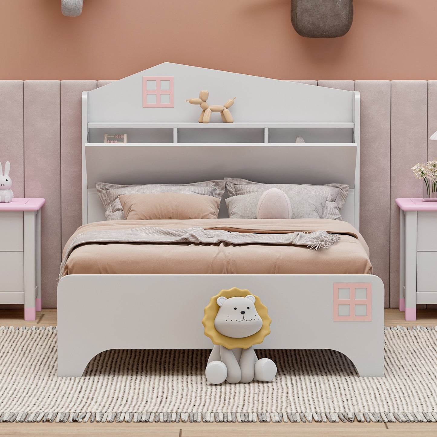 Wooden Twin Size House Bed with Storage Headboard ,Kids Bed with Storage Shelf, White