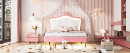 Full Size Upholstered Bed Frame with LED Lights,Modern Upholstered Princess Bed With Crown Headboard,White+Pink