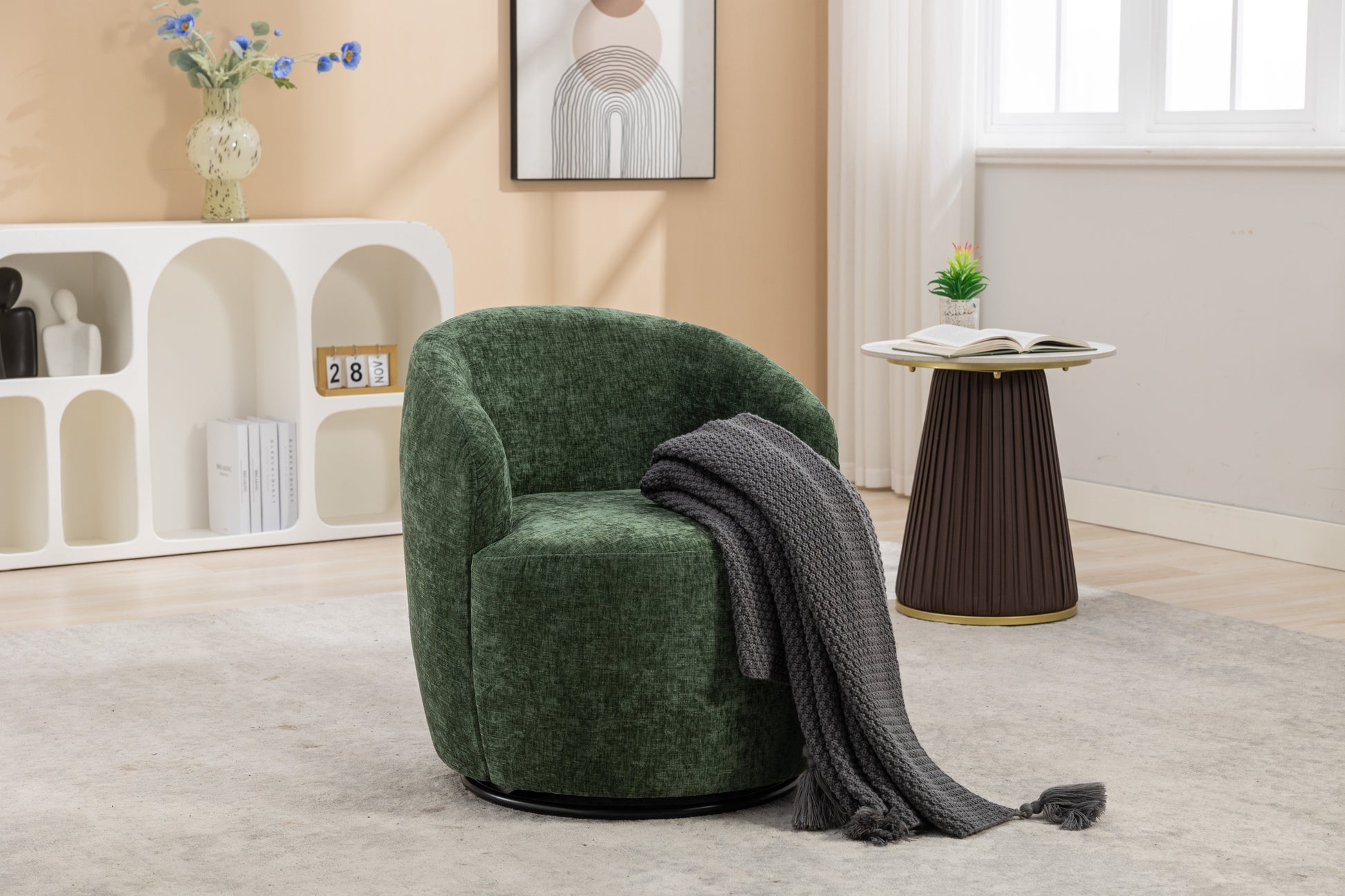 037-Chenille Fabric Swivel Accent Armchair Barrel Chair With Black Powder Coating Metal Ring,Green