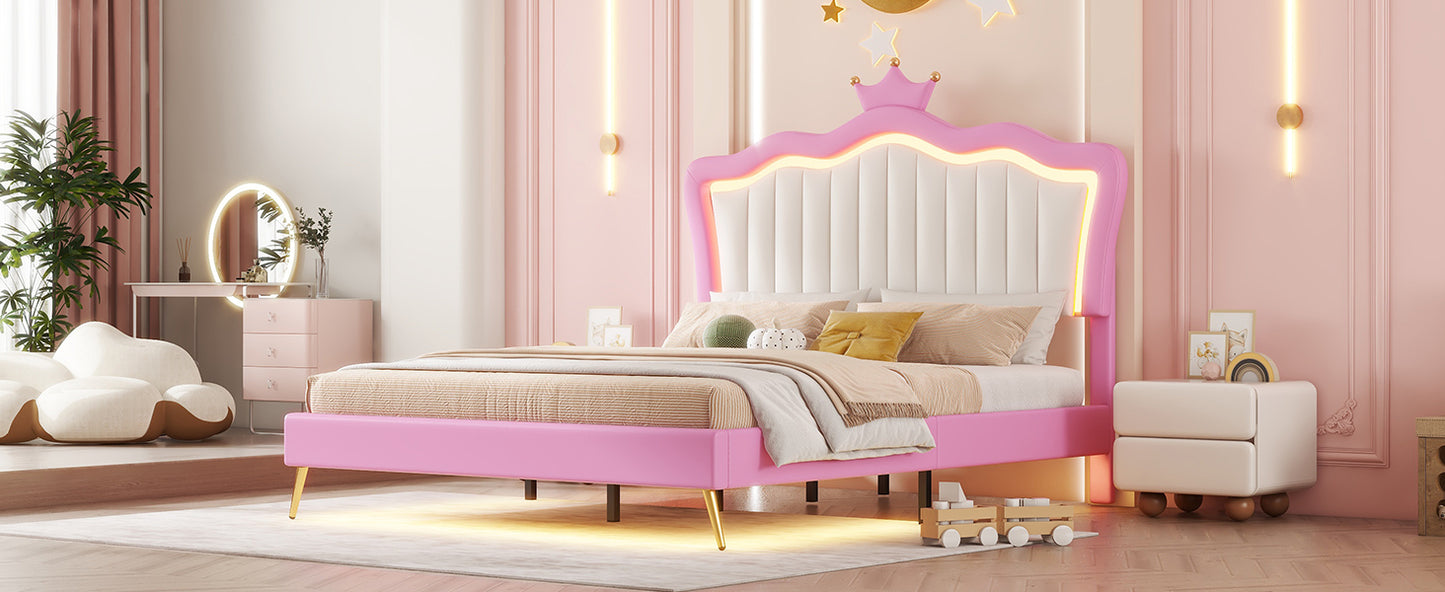 Full Size Upholstered Bed Frame with LED Lights, Modern Upholstered Princess Bed with Crown Headboard, Pink+White