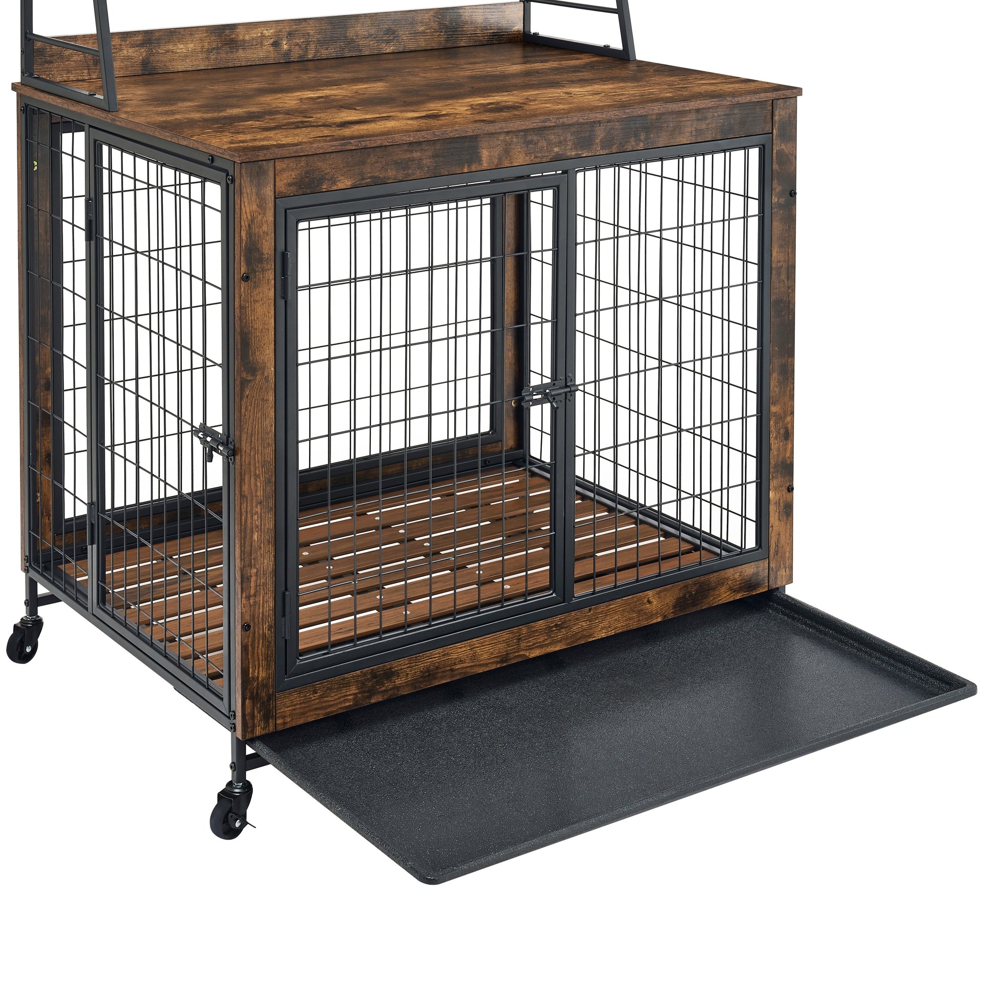 Furniture type dog cage iron frame door with cabinet, two door design, Rustic Brown,37.99"WX27.36"DX59.92"H