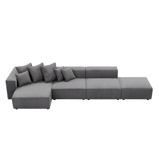 Soft Corduroy Sectional Modular Sofa 4 Piece Set, Small L-Shaped Chaise Couch for Living Room, Apartment, Office, Gray