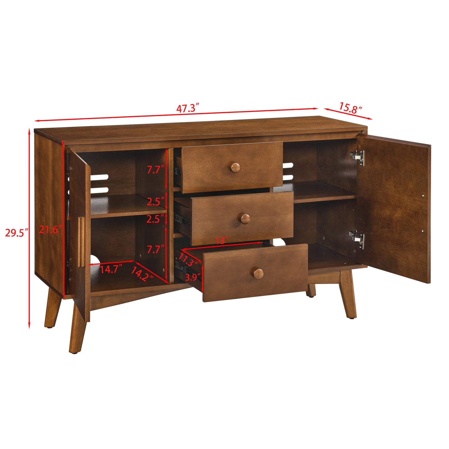 47.3" Mid Century Modern Sideboard Buffet Cabinet with Storage, Storage Cabinet with 2 Doors and 3 Drawers for Kitchen Dining Living Room Bedroom, Accent Console Table, Walnut