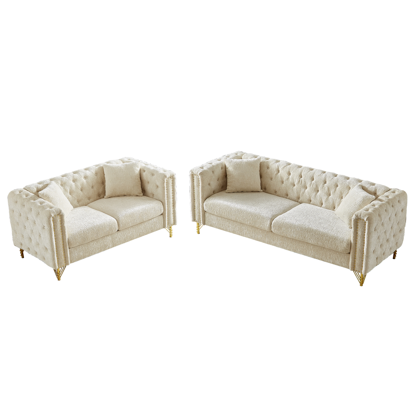 Chenille Pull Buckle Design Sofa for Living Room,Buttons Tufted With Copper Nail Decoration Armrest, Modern Couch Upholstered Button And Metal Legs