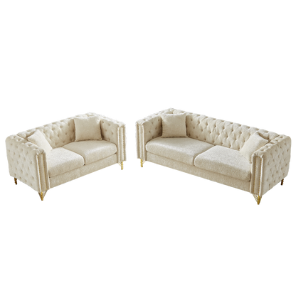 Chenille Pull Buckle Design Sofa for Living Room,Buttons Tufted With Copper Nail Decoration Armrest, Modern Couch Upholstered Button And Metal Legs