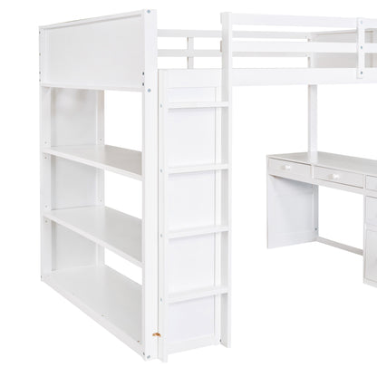 Full Size Loft Bed with Ladder, Shelves, and Desk, White