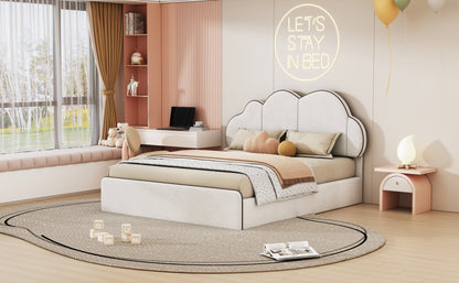 Queen size Upholstered Platform Bed with Cloud-shaped Headboard, Beige