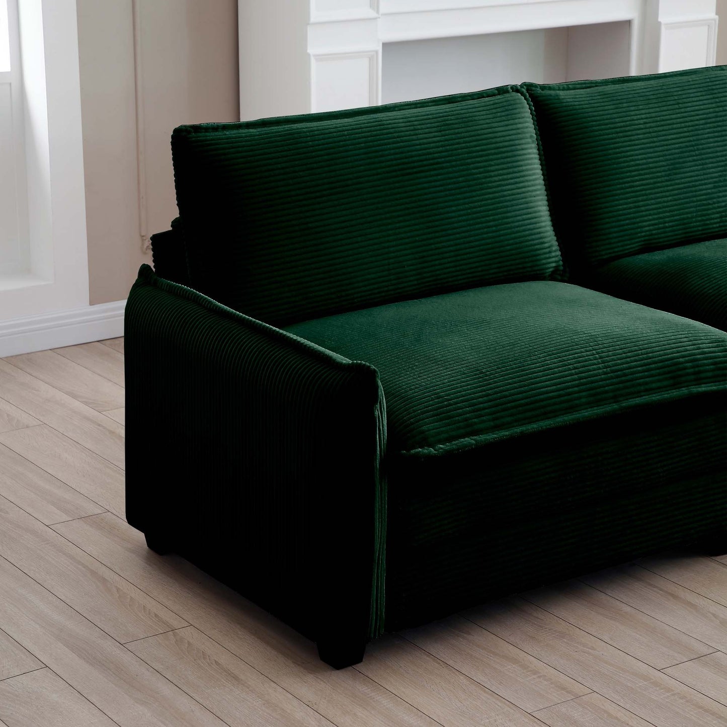 Oversized modular cushioned sofa,with 3 ottomans to work as sleeper sofa beds, 3-seater sofa with 3 footstools,Green corduroy fabric