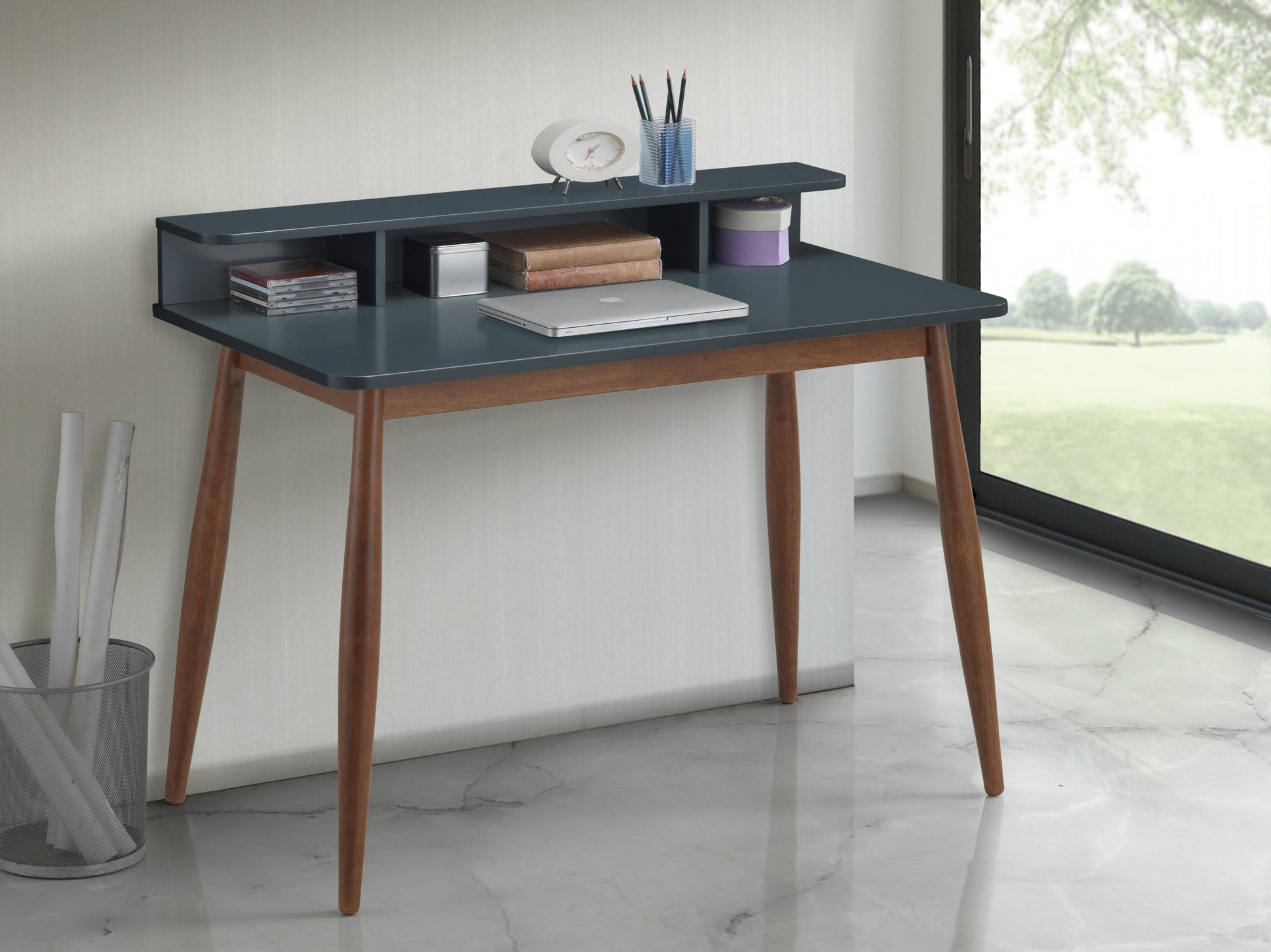 Roskilde Mid-Century Modern Wood Writing Desk with Hutch, Grey