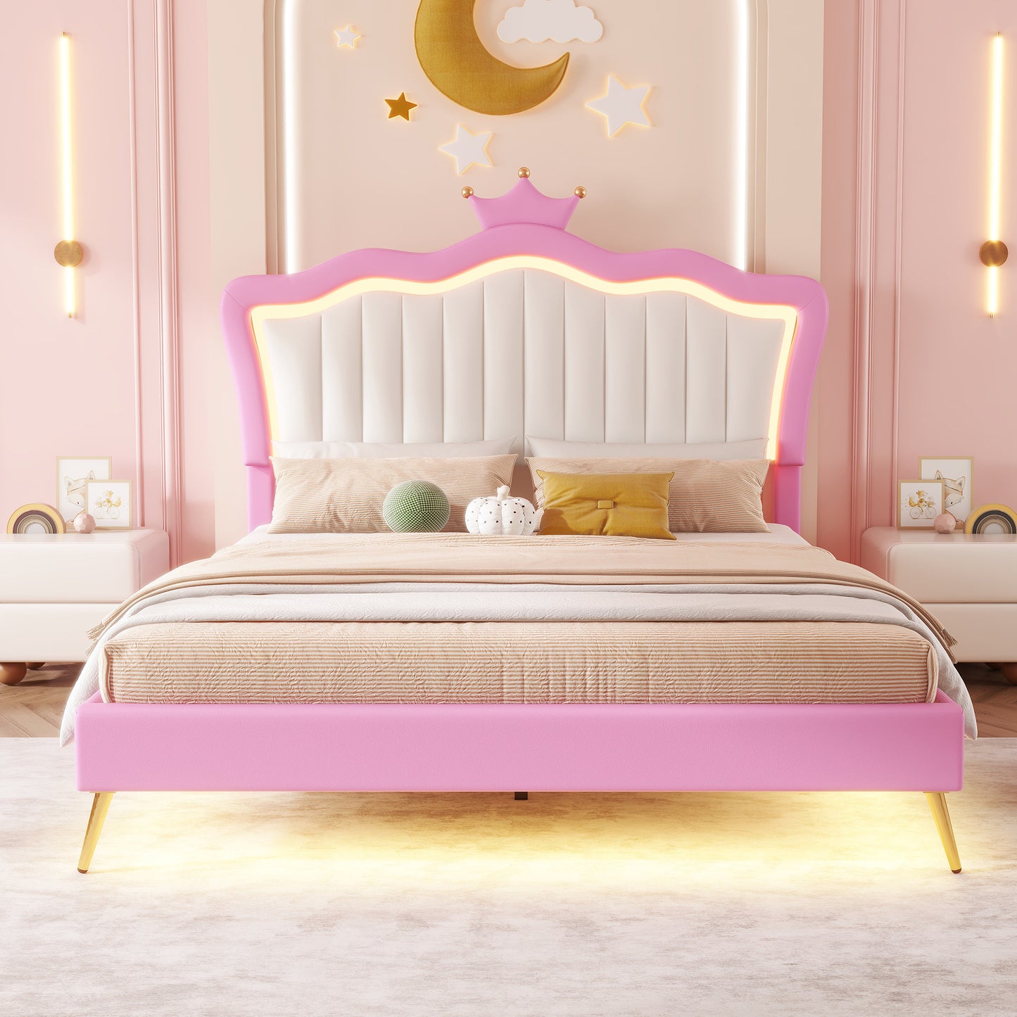 Full Size Upholstered Bed Frame with LED Lights, Modern Upholstered Princess Bed with Crown Headboard, Pink+White