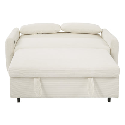 57.48" Pull-out Sofa Bed Convertible Couch 2 Seat Loveseat Sofa Modern Sleeper Sofa with Two Throw Pillows and USB Ports for Living Room, Beige(Old Sku:WF317760AAA)