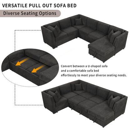 108.6" U-shaped Sectional Sofa Pull out Sofa Bed with Two USB Ports, Two Power Sockets, Three Back Pillows and a Storage Chaise for Living Room, Black