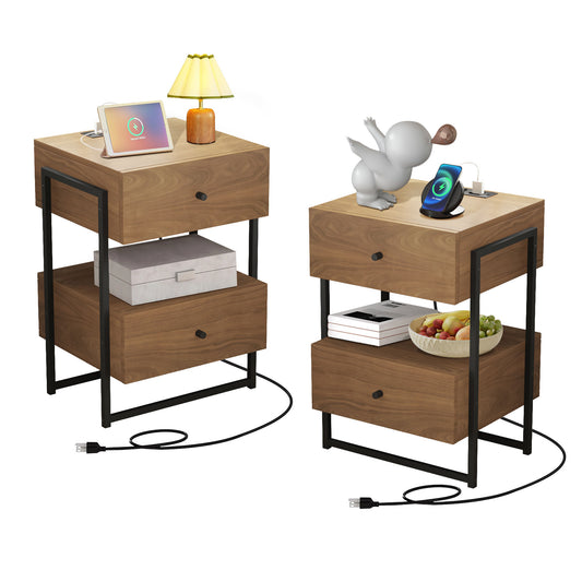 Nightstands Set of 2 with Charging Station, End Table with Storage Drawer, Retro Bedside Tables w/USB Ports and Outlets, Sofa Side Table for Small Space Living Room Bedroom (Walnut)