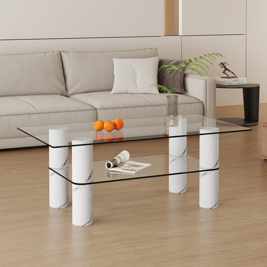 Modern minimalist double layered transparent tempered glass coffee table and coffee table, paired with white MDF decorative columns. Computer desk. Game table. CT-X02