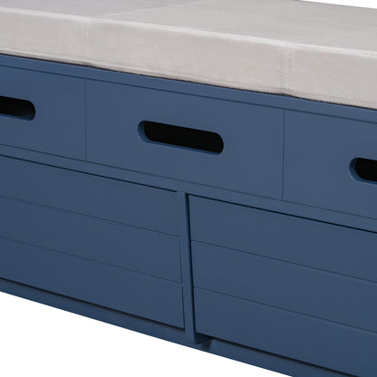 TREXM Rustic Storage Bench with 2 Drawers, Hidden Storage Space, and 3 False Drawers at the Top, Shoe Bench for Living Room, Entryway (Navy)