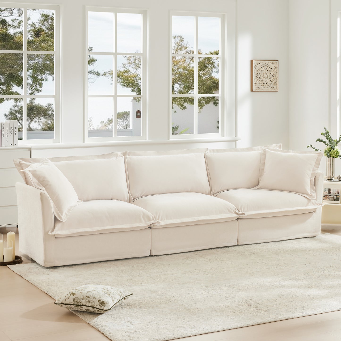 Slipcovered Sofa Couch, Modern 3 Seater Sofa with Suppleness Armrests, Chenille Fleece Deep Seat Sofa with Soft Multiple Big Pillows, Comfy Couch for Living Room, Apartment,Chenille Fabric, Cream