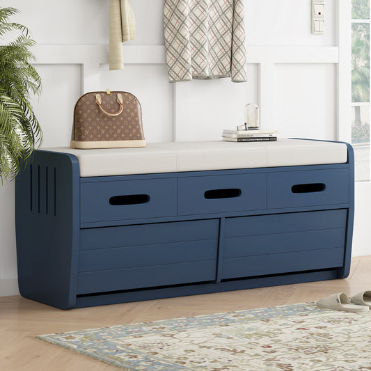 TREXM Rustic Storage Bench with 2 Drawers, Hidden Storage Space, and 3 False Drawers at the Top, Shoe Bench for Living Room, Entryway (Navy)