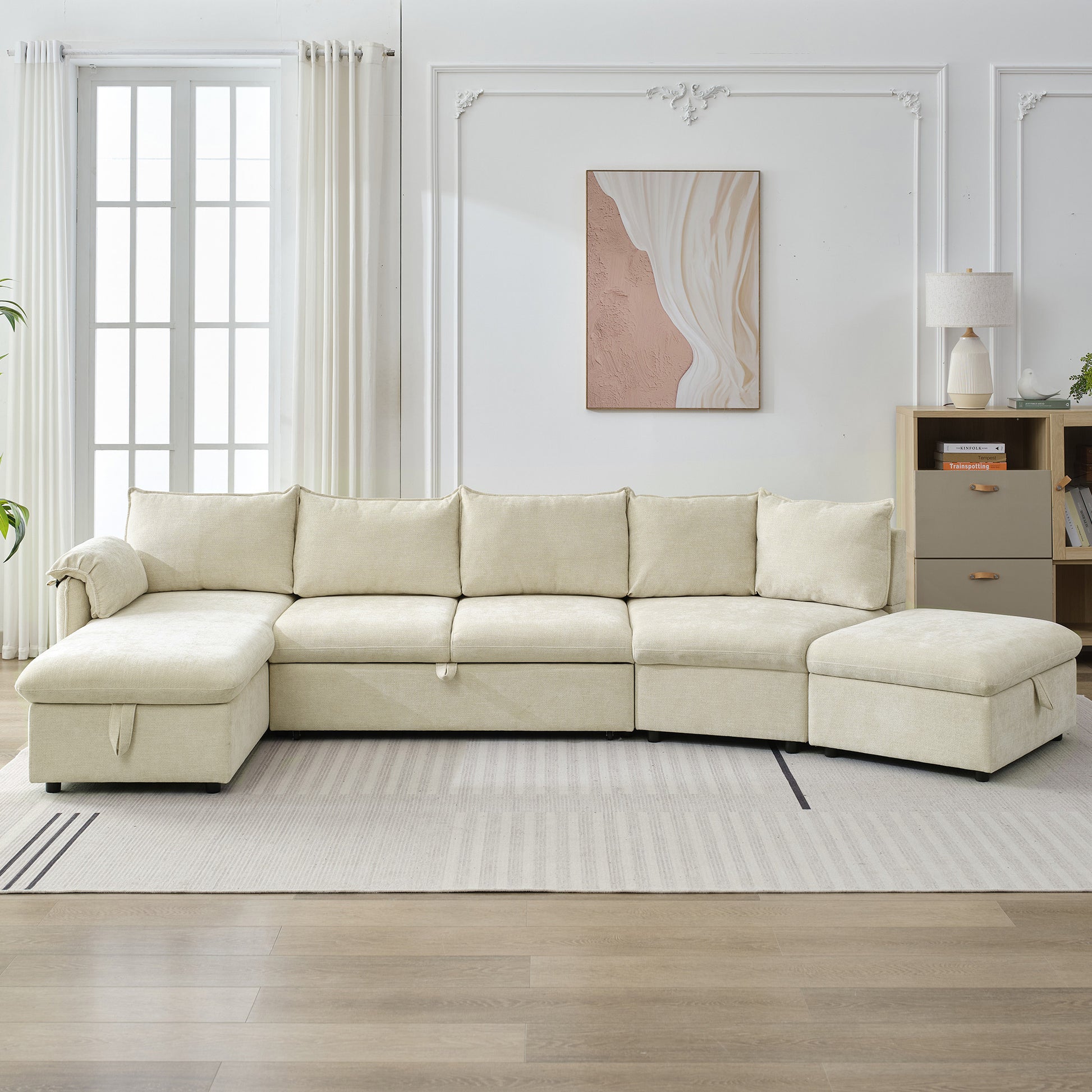 146.9" L-shaped Sofa Sectional Sofa Couch Pull-out Sofa Bed with a Movable Storage Ottoman, a Storage Chaise Lounge and Two USB Ports for Living Room, Beige