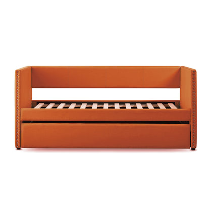 Orange Fabric Upholstered 1pc Day Bed with Pull-out Trundle Nailhead Trim Wood Frame Furniture