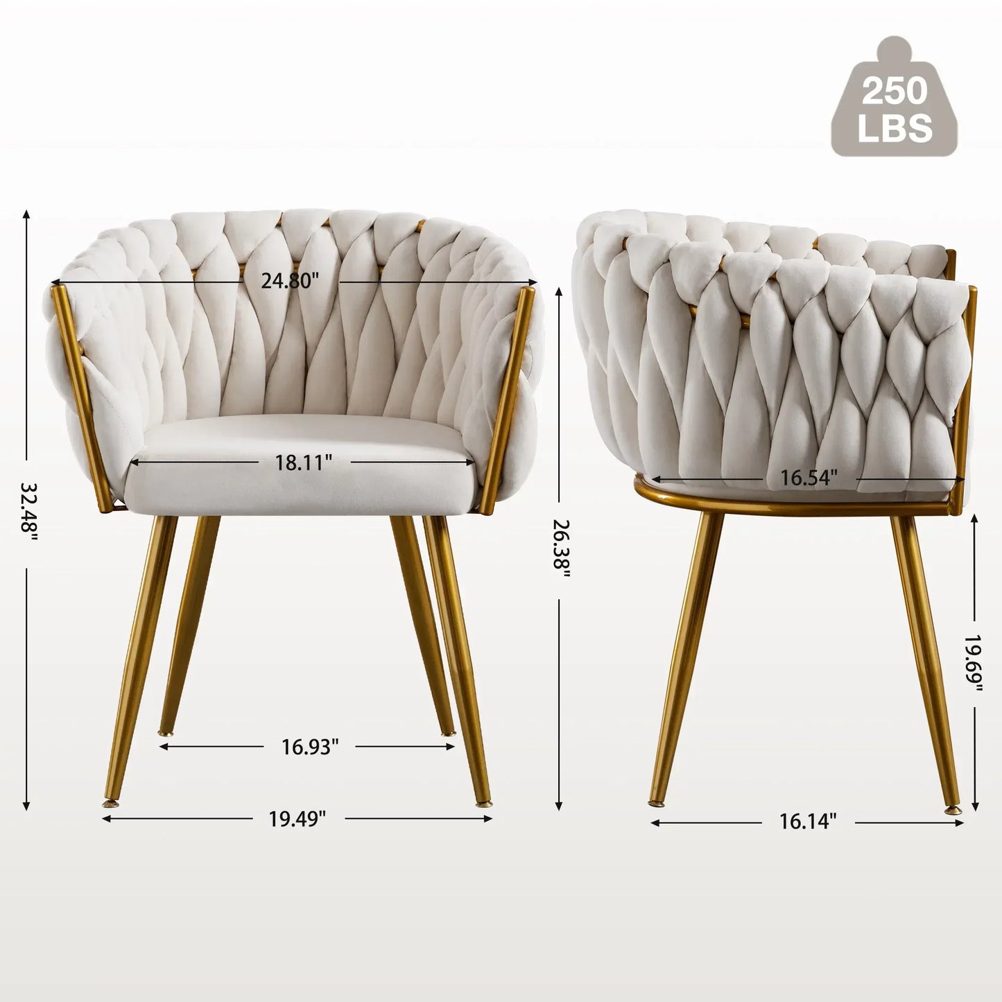 Dining Chairs Set of 2, Modern Woven Upholstered Dining Chairs with Gold Metal Legs,Luxury Tufted Dining Chairs for Living Room, Bedroom, Kitchen