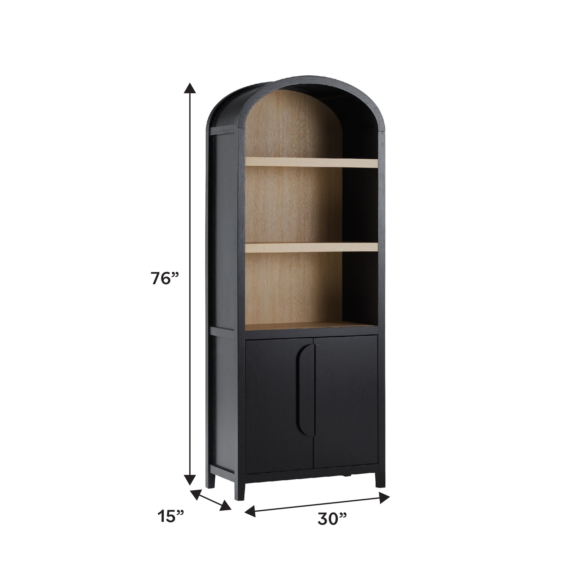 Modern 3 Shelf Open Arched Bookcase Cabinet Oak/Black