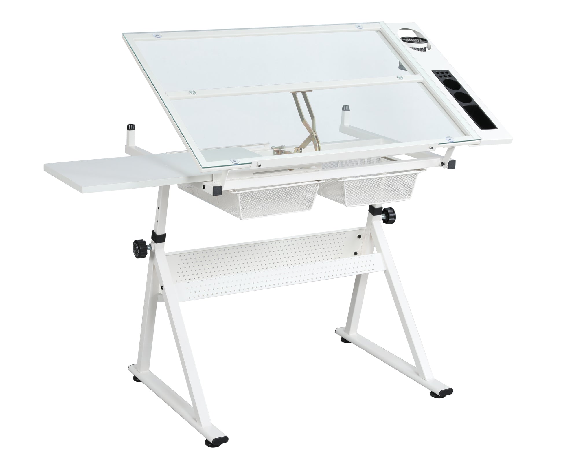 WHITE adjustable tempered glass drafting printing table with chair