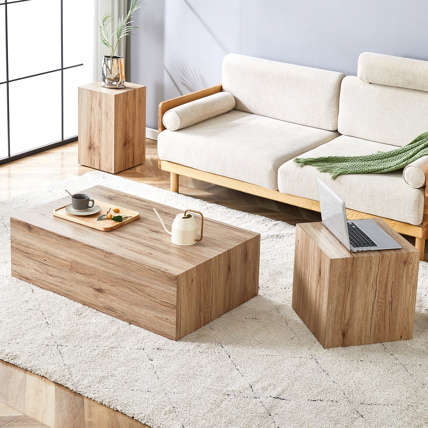 Elevate your living space with this modern MDF coffee table that showcases smooth, light wood color texture patterns. It is characterized by stylish design.