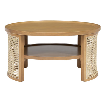 2-Tiered Round Natural Wood Coffee Table with Storage Rattan Base in 31.3''