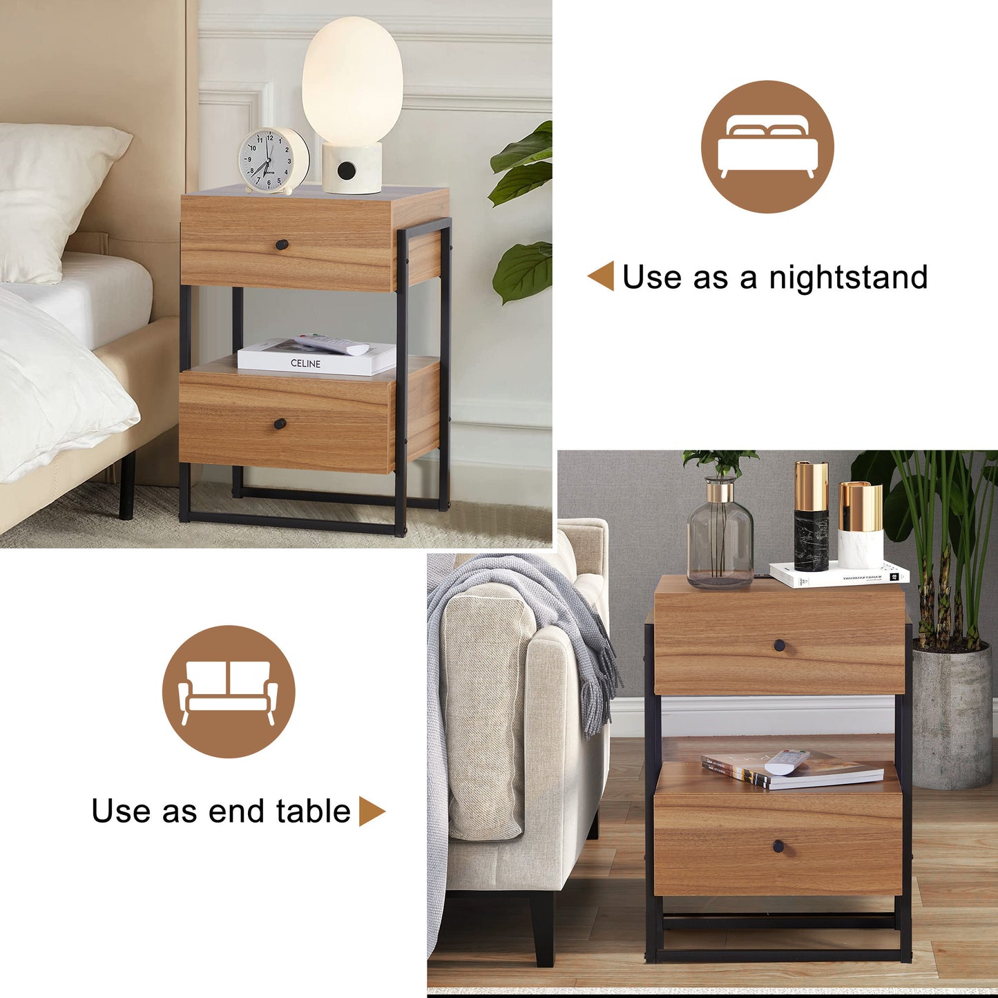 Nightstands Set of 2 with Charging Station, End Table with Storage Drawer, Retro Bedside Tables w/USB Ports and Outlets, Sofa Side Table for Small Space Living Room Bedroom (Walnut)