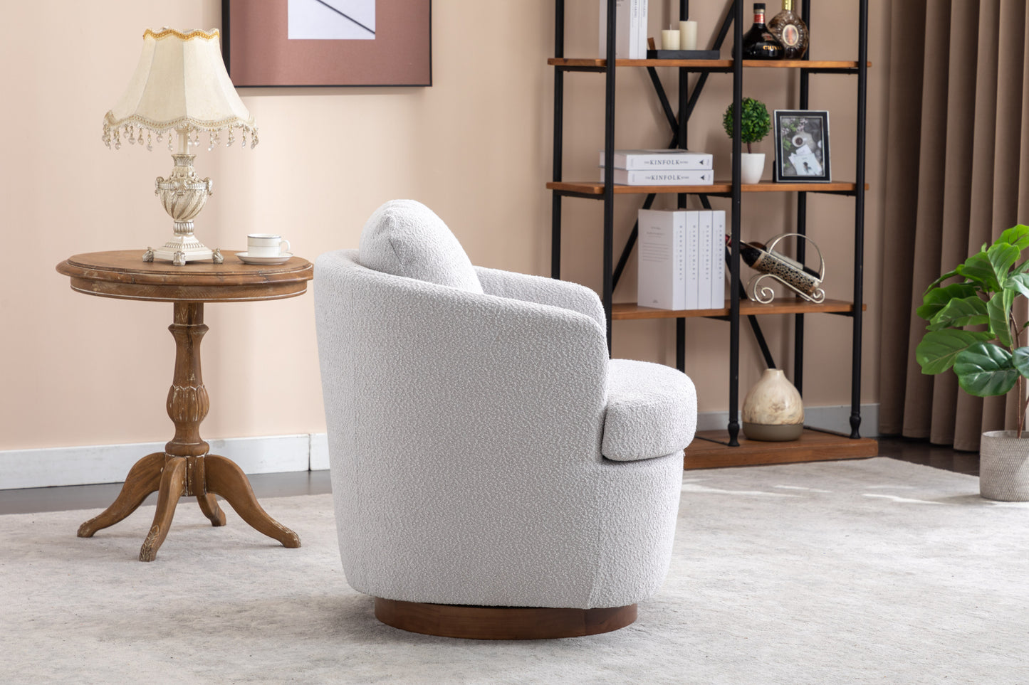 035-Boucle Fabric Swivel Accent Chair With Soild Wood Round Brown Base Leg,Light Gray