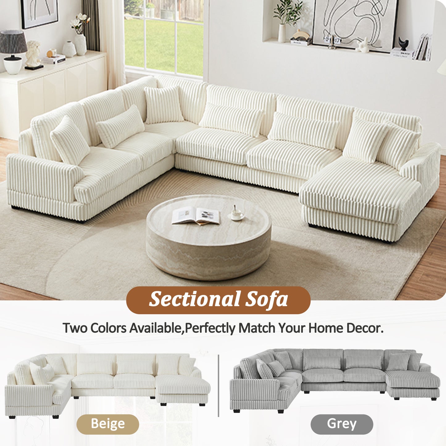 129" Oversized Sectional Sofa U-shaped Sofa Couch Modern Sofa Upholstered in Soft Corduroy with a Chaise Lounge for Living Room, Beige