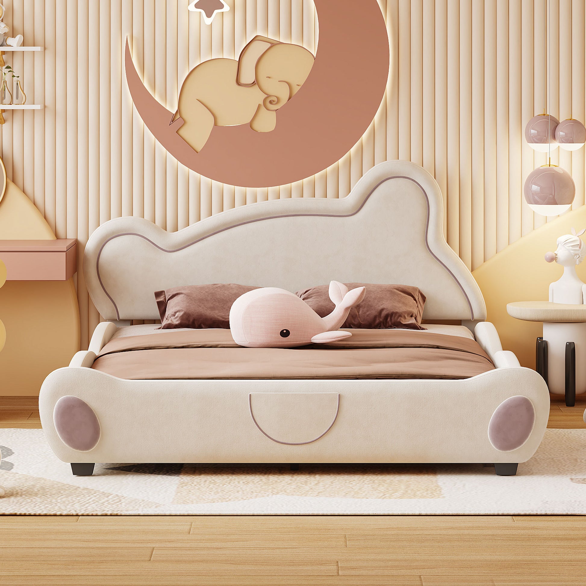 Queen Size Velvet Platform Bed with Bear-Shaped Headboard, with Drawers, with Bed-End Storage Pocket, Beige