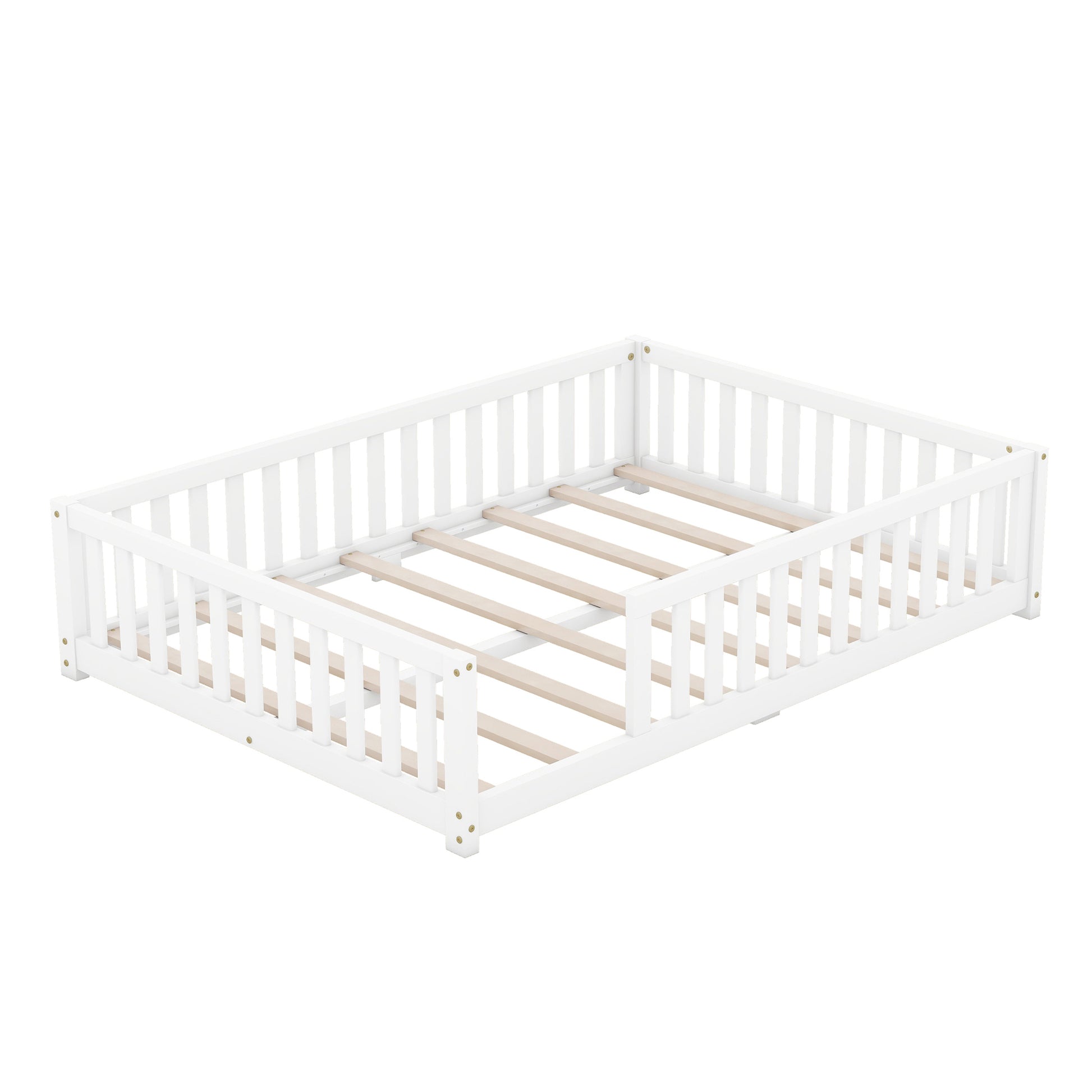 Full Size Bed Floor Bed with Safety Guardrails and Door for Kids, White