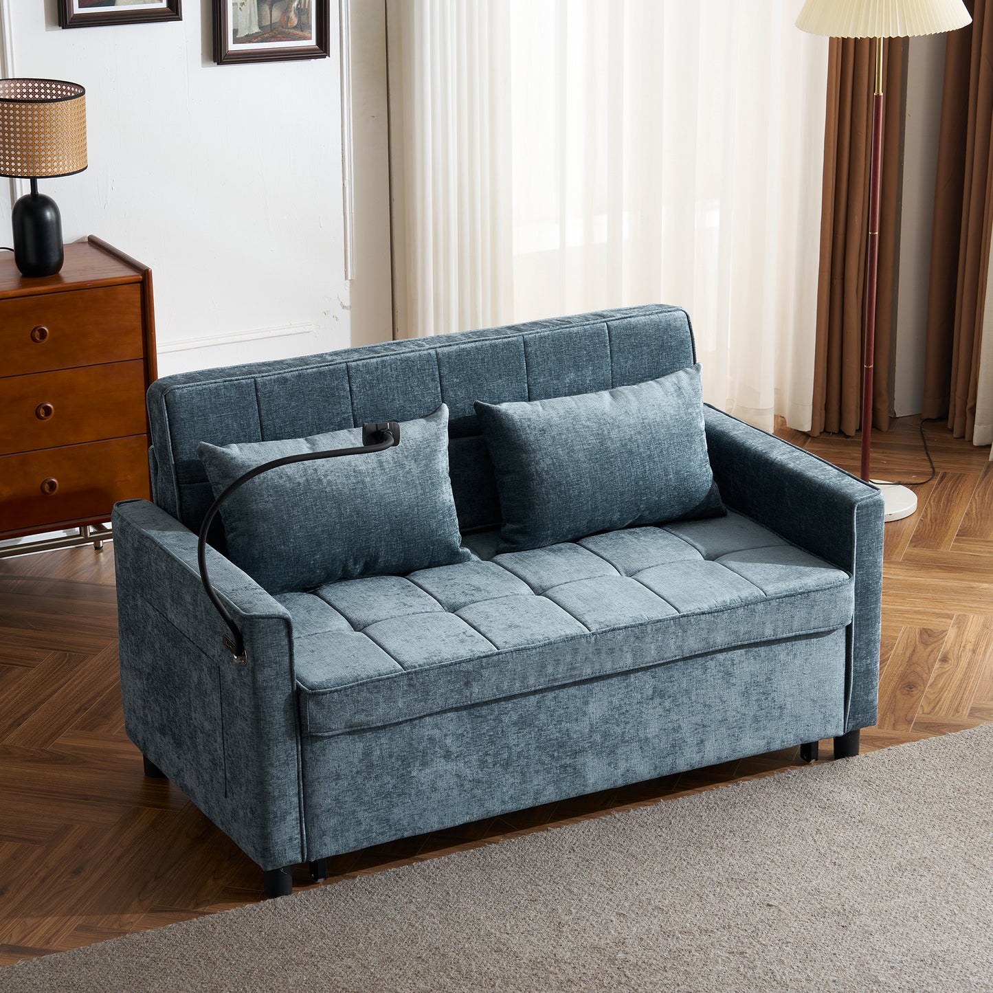 56.9" Loveseat Sofa Pull-out Sofa Bed Sleeper Sofa with a Reversible Backrest Cushion, Side Pockets, Two USB Ports and a Phone Holder for Living Room, Blue