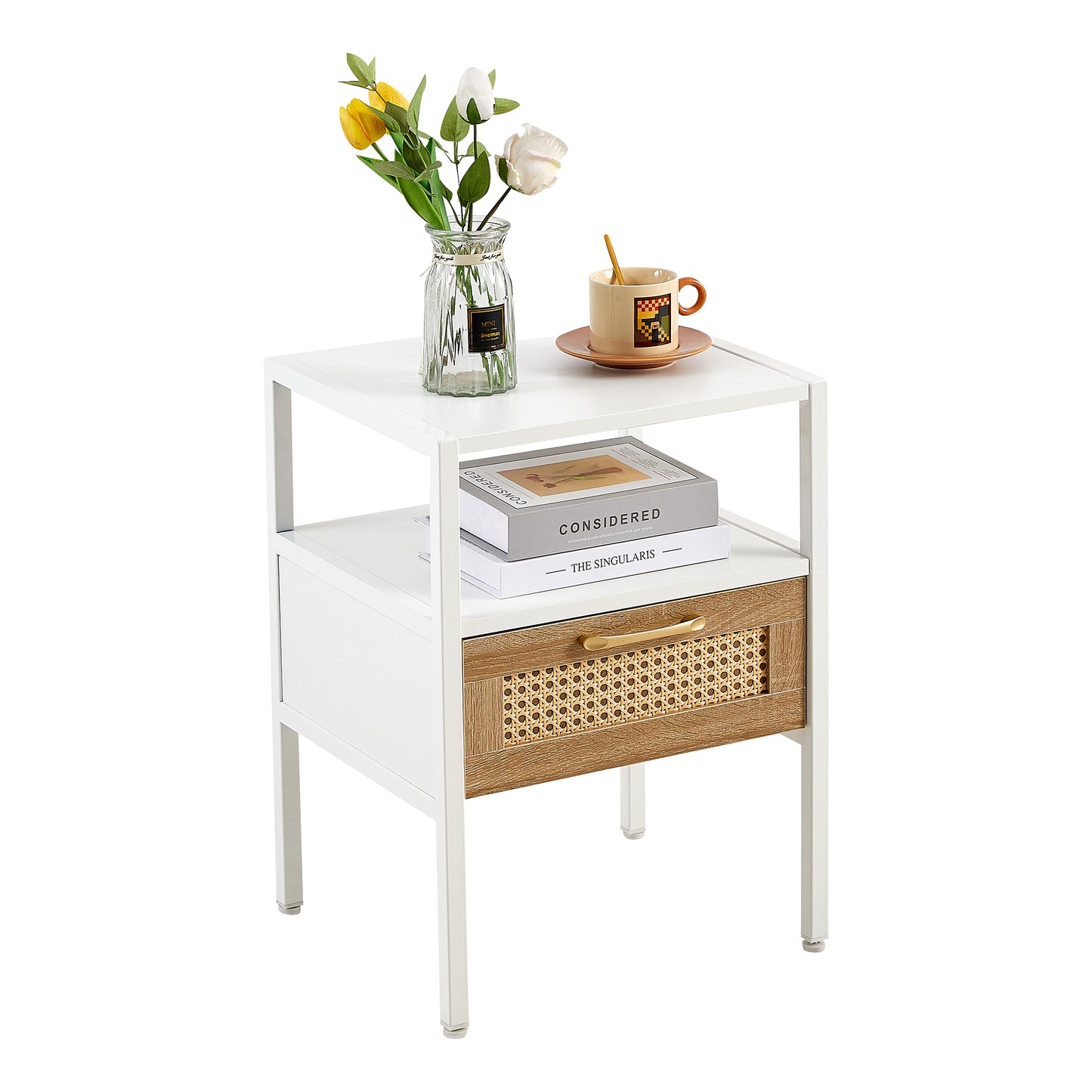 15.75" Rattan End table with  drawer, Modern nightstand, metal legs,side table for living room, bedroom,white(1 pc)